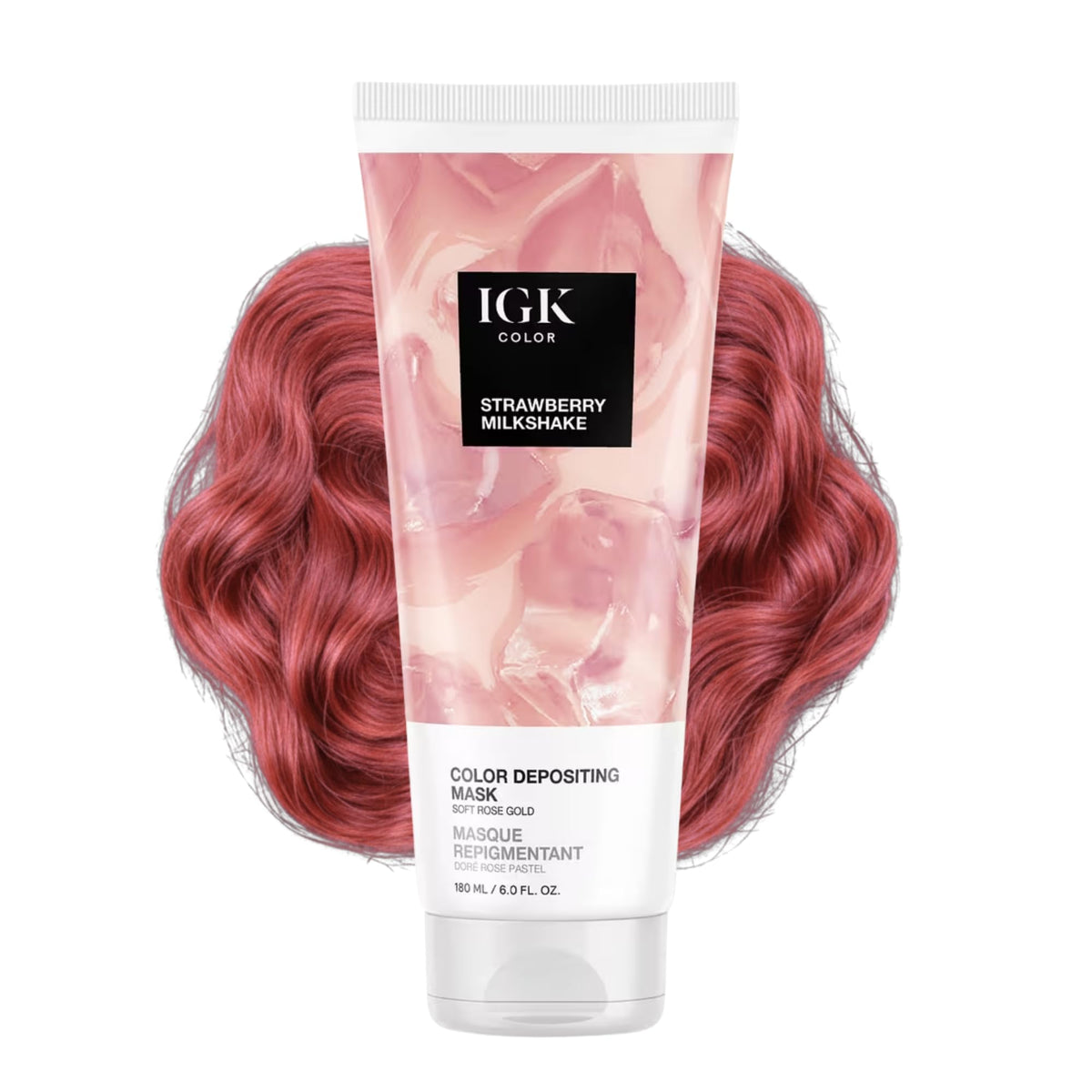 IGK Strawberry Milkshake mask bottle adds rose gold tint and moisture