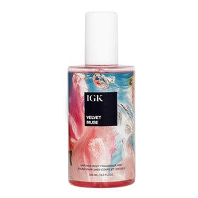 IGK Velvet Muse bottle close-up showcases a delicate, long lasting fragrance for hair and skin.