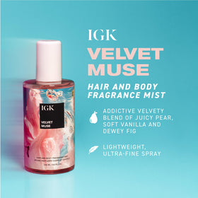 IGK Velvet Muse spray action demonstrates ultra fine mist ideal for easy layering.