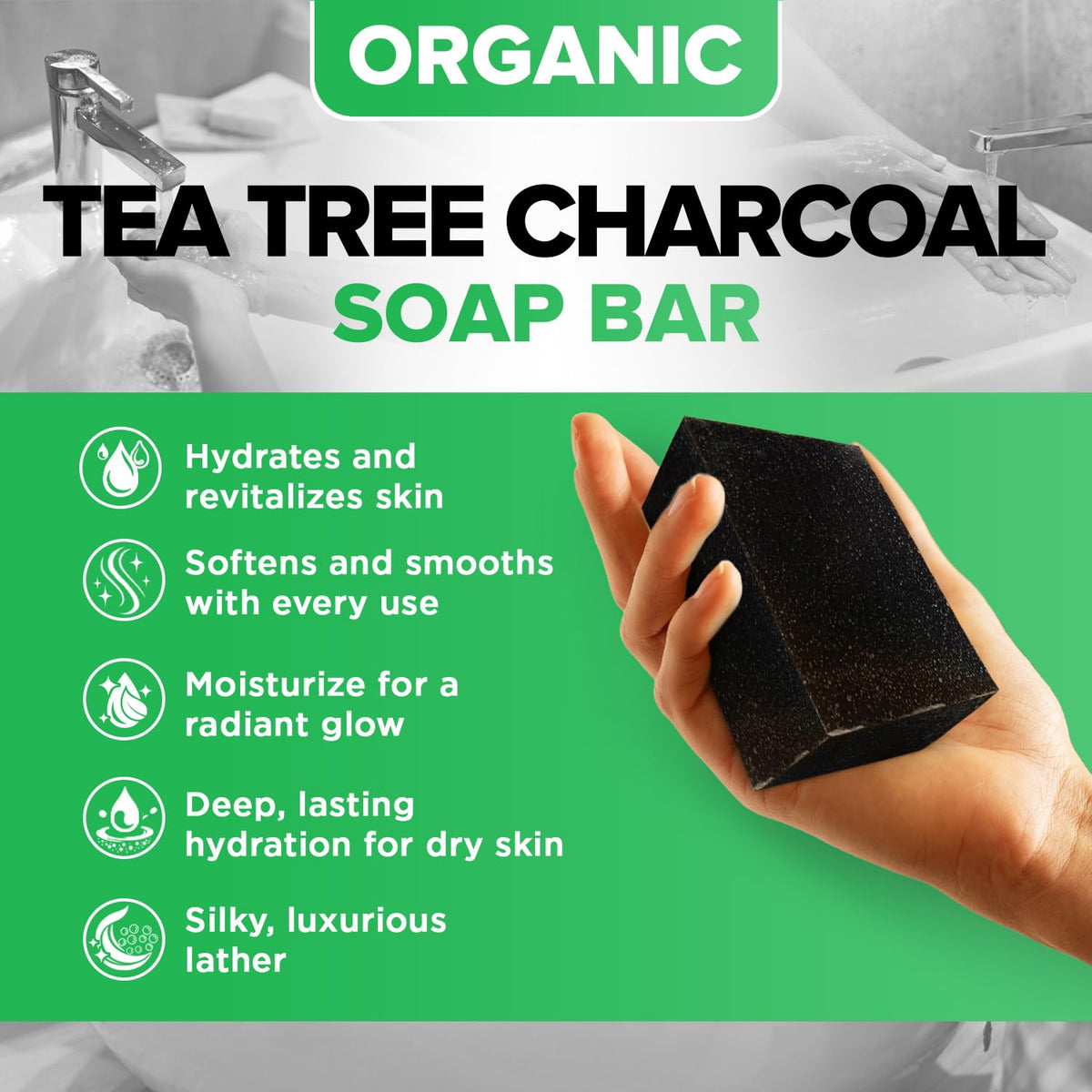 iHeart Nature Charcoal Soap Bar close-up shows detoxifying charcoal and gentle exfoliation.