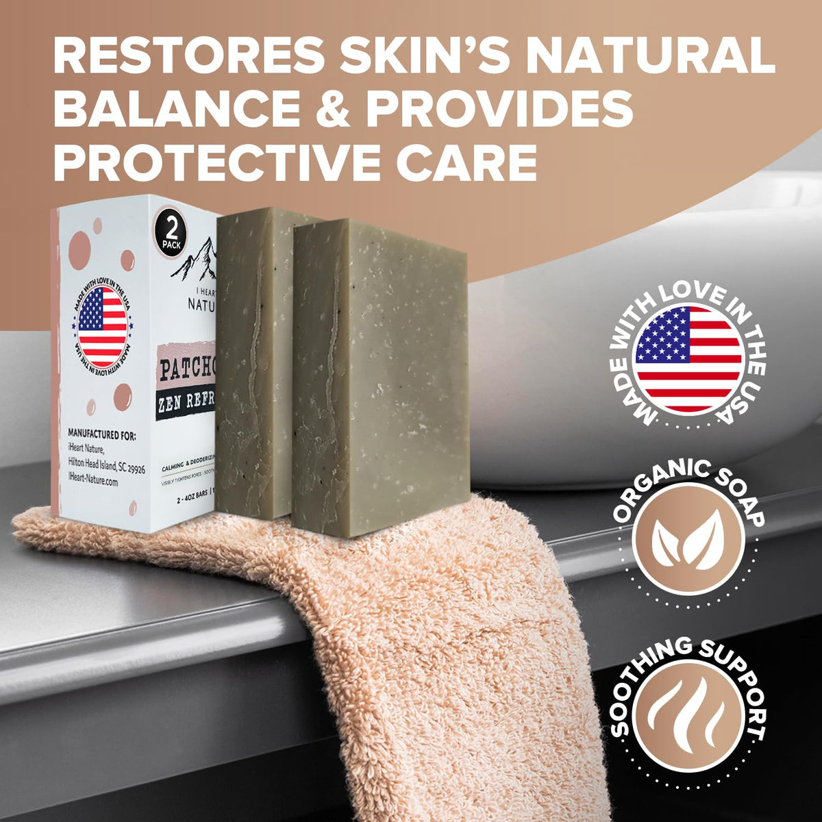 iHeart Patchouli Soap with coconut oil nourishes skin while washing.