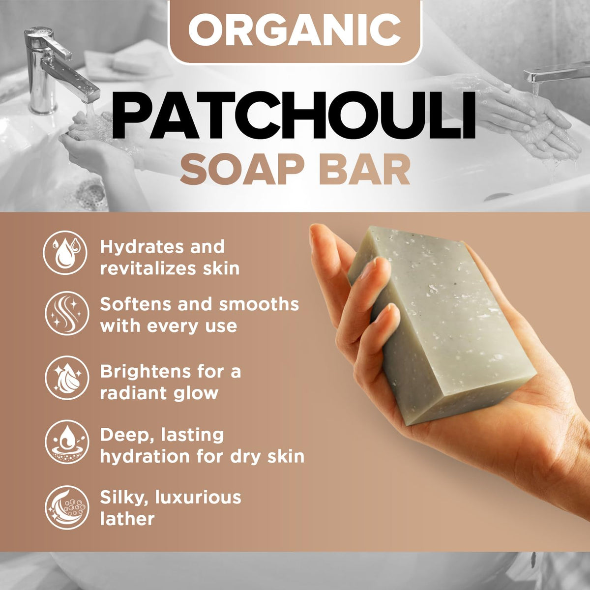 Close-up of creamy lather from iHeart Patchouli Soap with shea butter for hydrated skin.