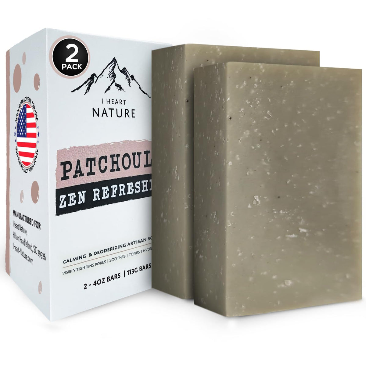 iHeart Patchouli Soap two-pack delivers a rich lather for a refreshing daily cleanse.