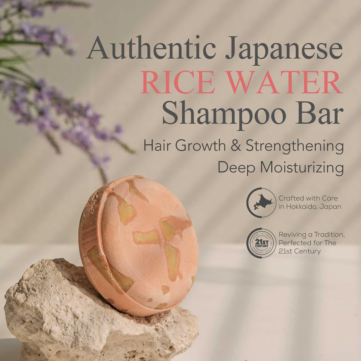 IIBESA Japanese Rice Water Shampoo Bar being held shows portable, travel-friendly design.