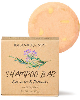 IIBESA Japanese Rice Water Shampoo Bar packaging highlights purity and organic ingredients.