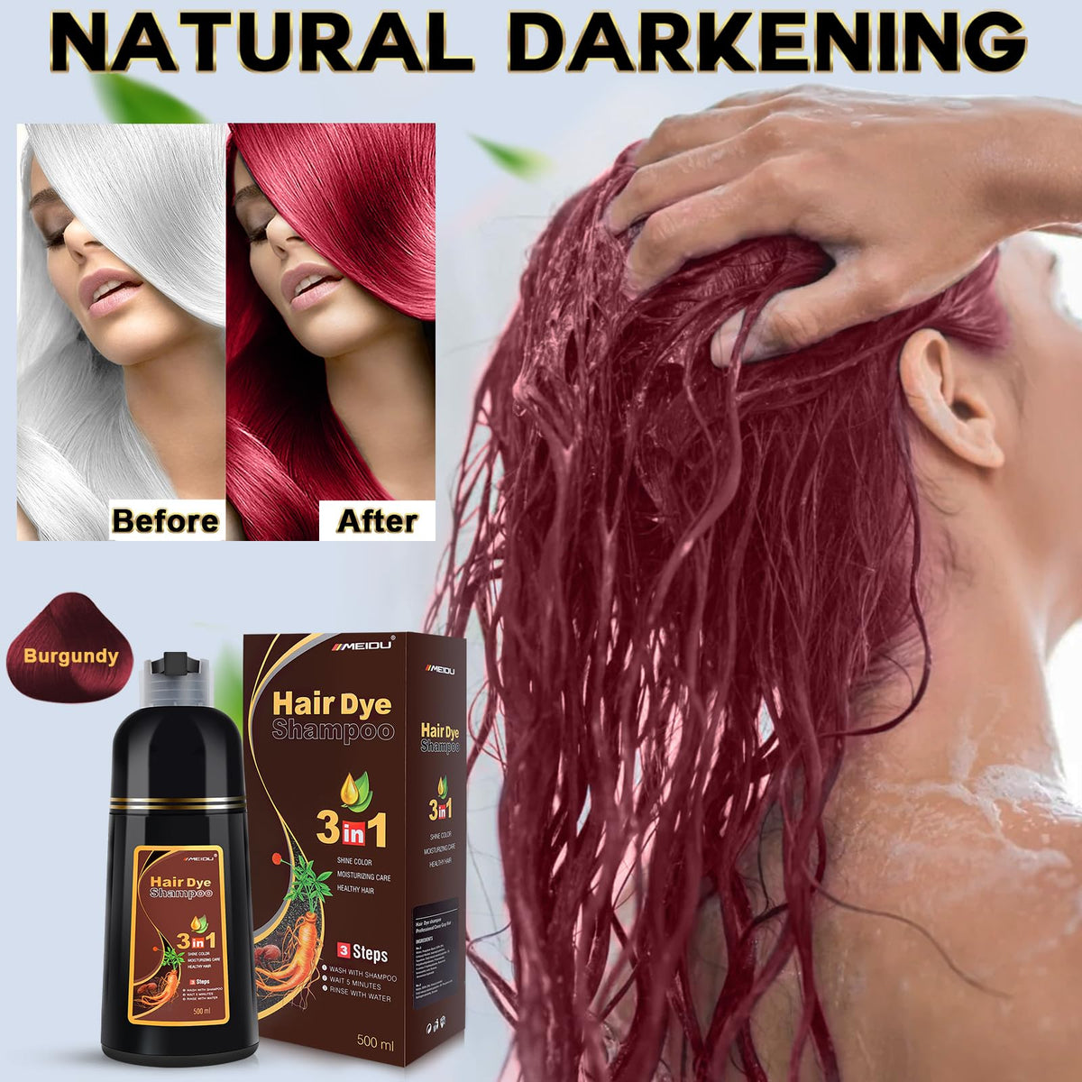 IIIMEIDU 3-in-1 hair dye shampoo combo: color, cleanse, condition.