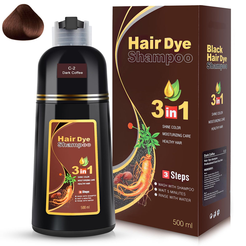 IIIMEIDU DarkCoffee Hair Dye Shampoo bottle pouring for quick color application