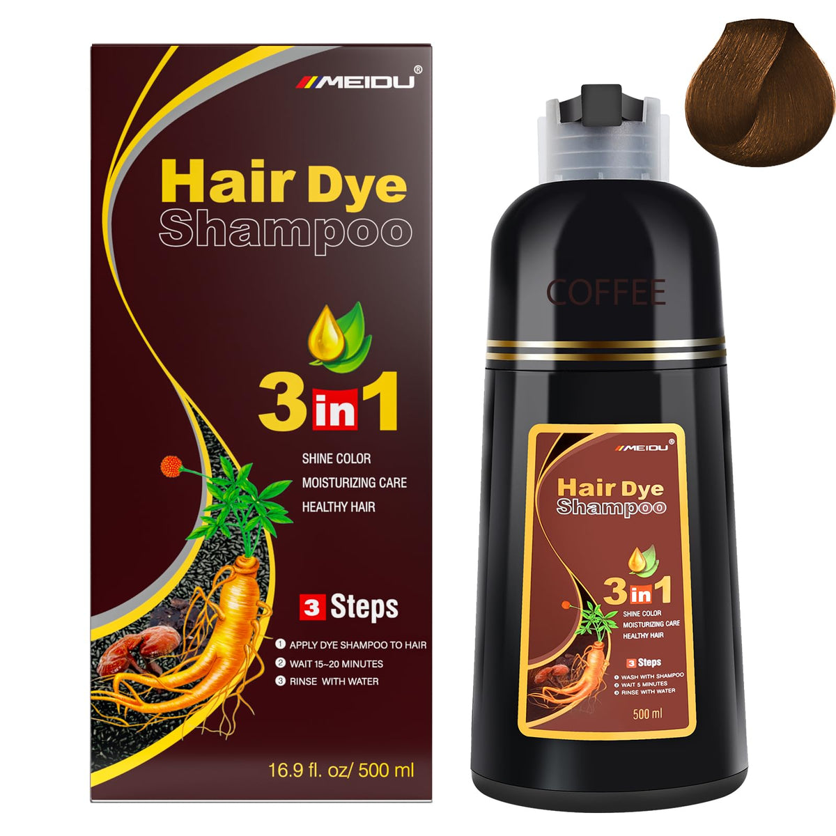 IIIMEIDU hair dye shampoo bottle applying quick gray coverage for a refreshed look.