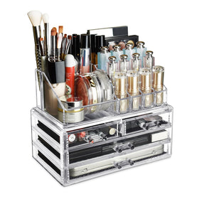 Ikee Design acrylic makeup organizer with four drawers keeps cosmetics visible and accessible.