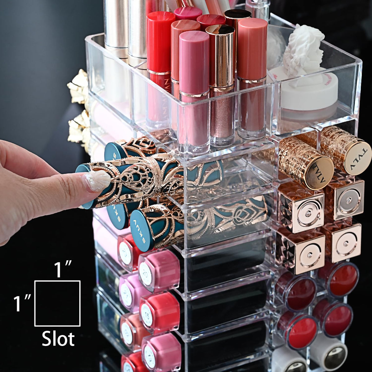 Ikee Design Lipstick Organizer clear acrylic design enhances item visibility.