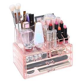 Ikee Design pink jewelry and cosmetics upper compartments keep accessories organized.