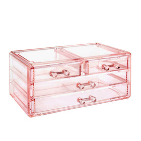 Ikee Design pink makeup organizer on a vanity creates a tidy space.