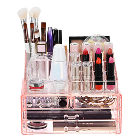 Ikee Design pink vanity display on a dresser for easy cosmetics access.