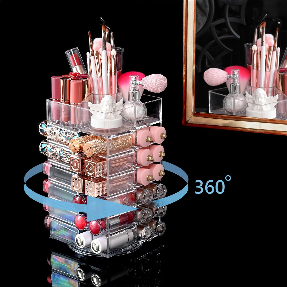 Ikee Design Lipstick Organizer top compartments hold brushes and balms at hand.