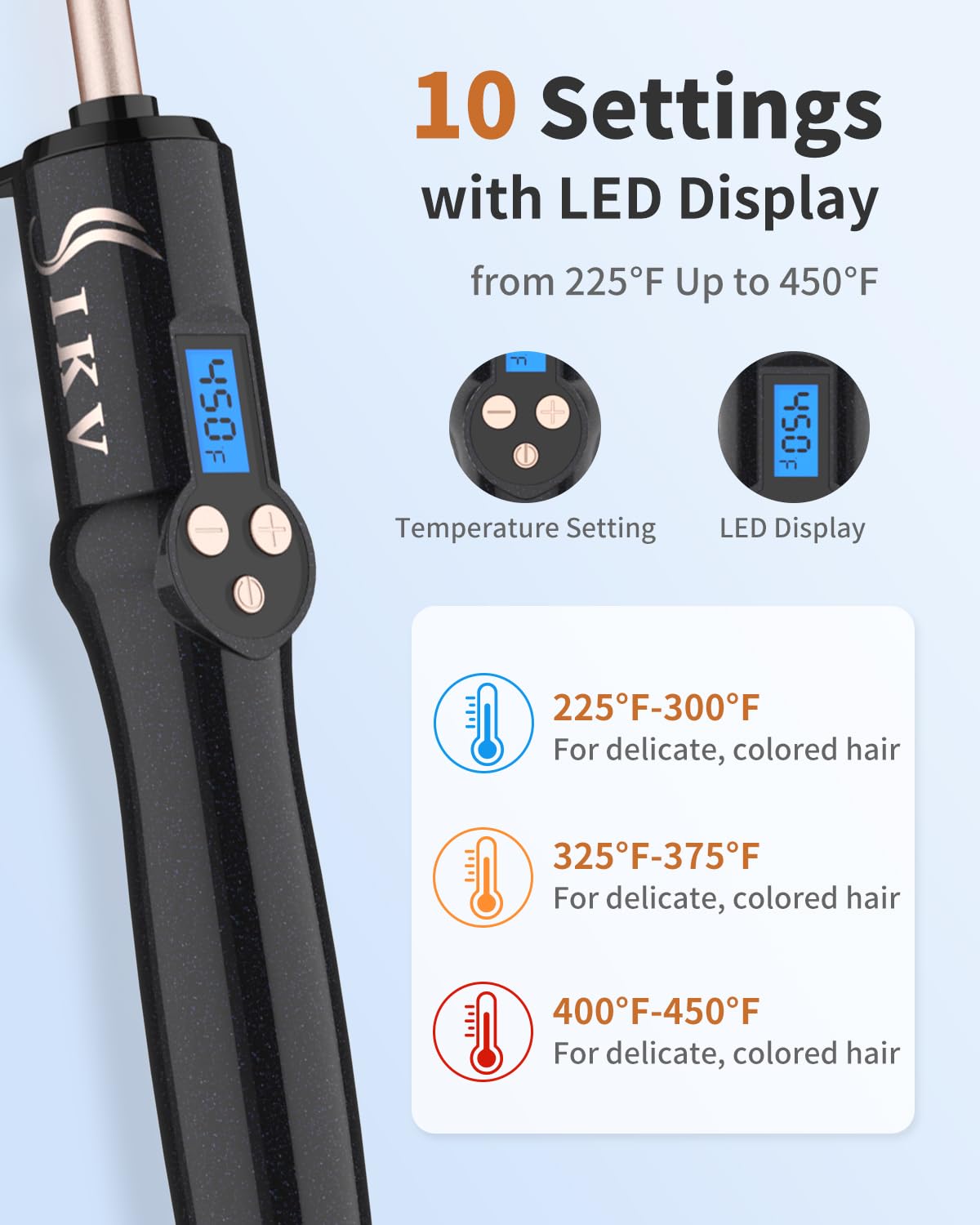 IKV curling wand safety features including automatic shut-off and heat protection.
