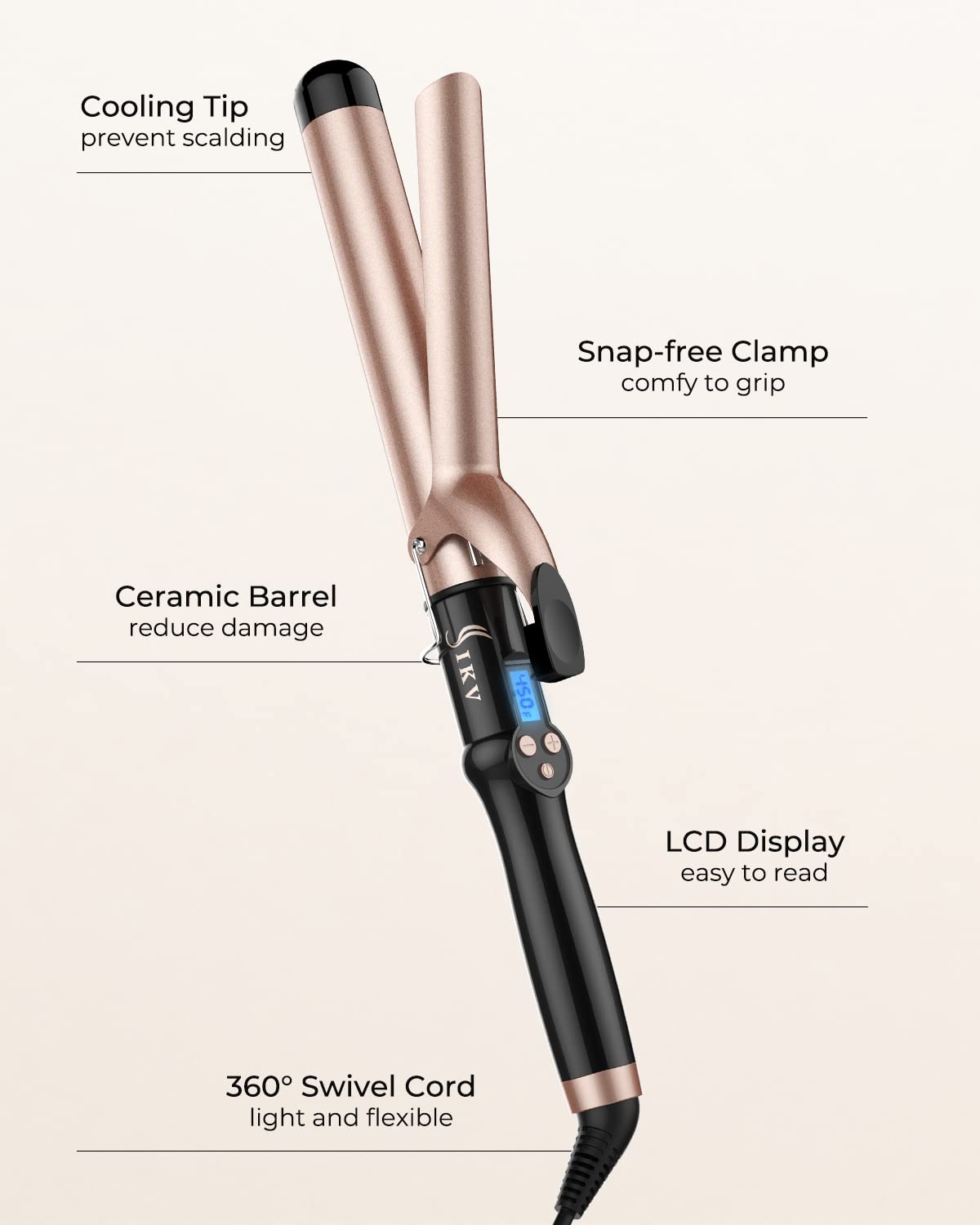 IKV curling iron ceramic tourmaline coating reduces frizz and adds shine