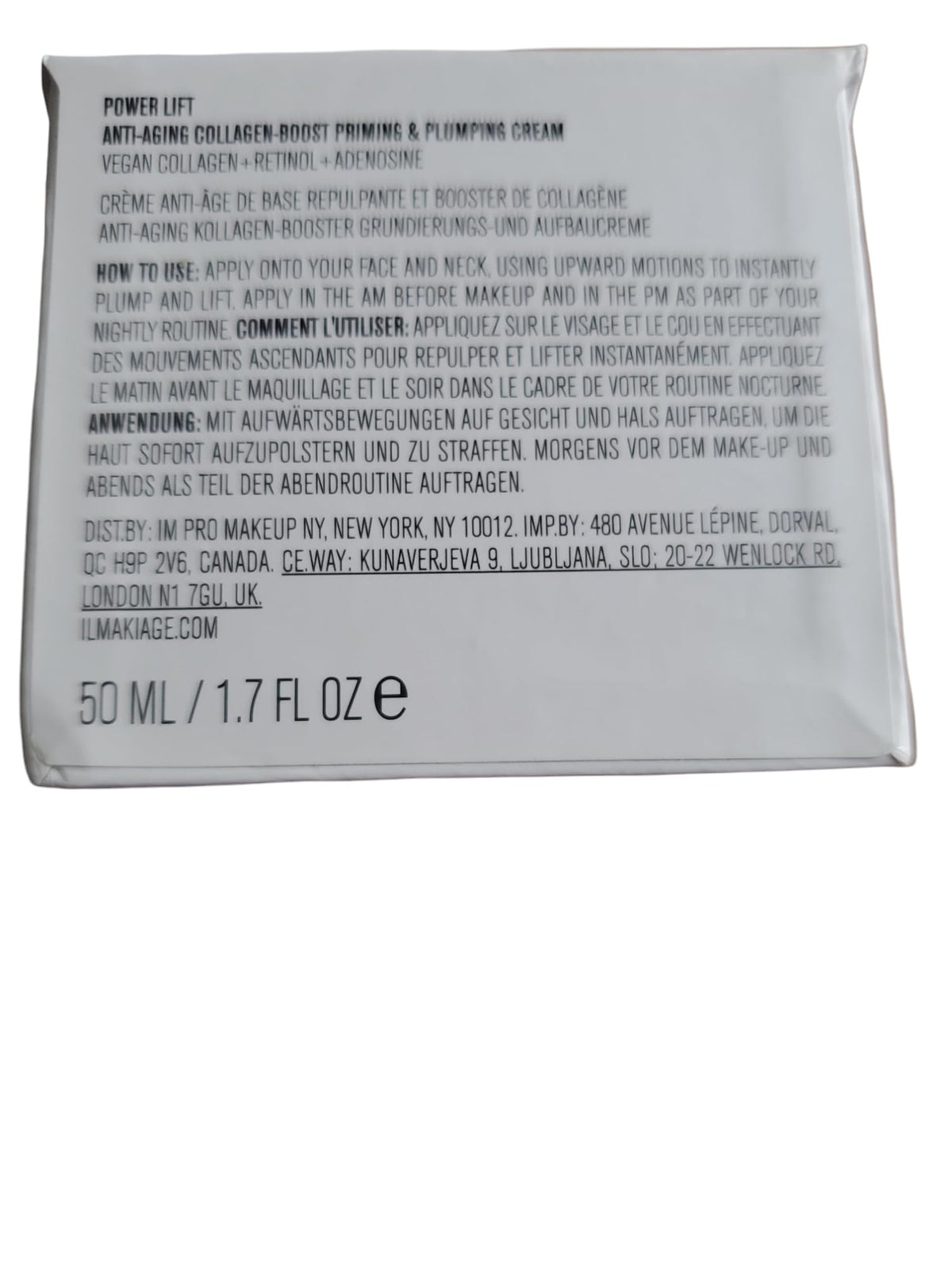 Il Makiage Power Lift packaging highlighting vegan collagen and retinol benefits.