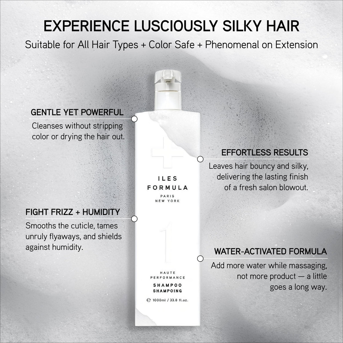ILES FORMULA bottle being poured highlights quick, thorough cleansing.