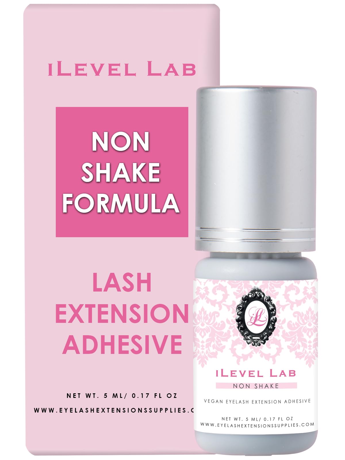 iLevel Lab non-shake glue bottle shows quick lash application capability.