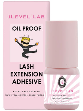 iLevel Lab Oil Proof Lash Adhesive bottle demonstrates oil-resistant, long-lasting performance.