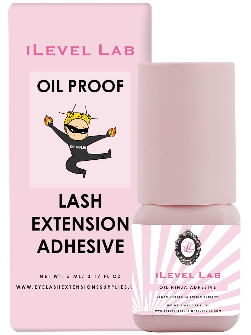 iLevel Lab Oil Proof Lash Adhesive bottle demonstrates oil-resistant, long-lasting performance.