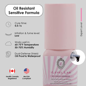 iLevel Lab adhesive cap close-up shows oil-proof seal for reliable, fast-drying lashes.