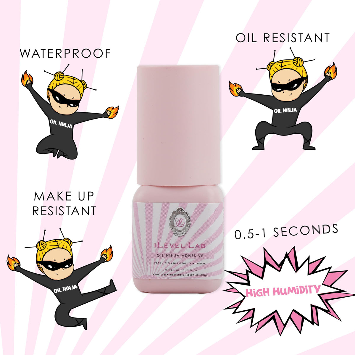 iLevel Lab oil-proof lash adhesive label highlights 5ml bottle for professional use.