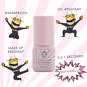 iLevel Lab oil-proof lash adhesive label highlights 5ml bottle for professional use.