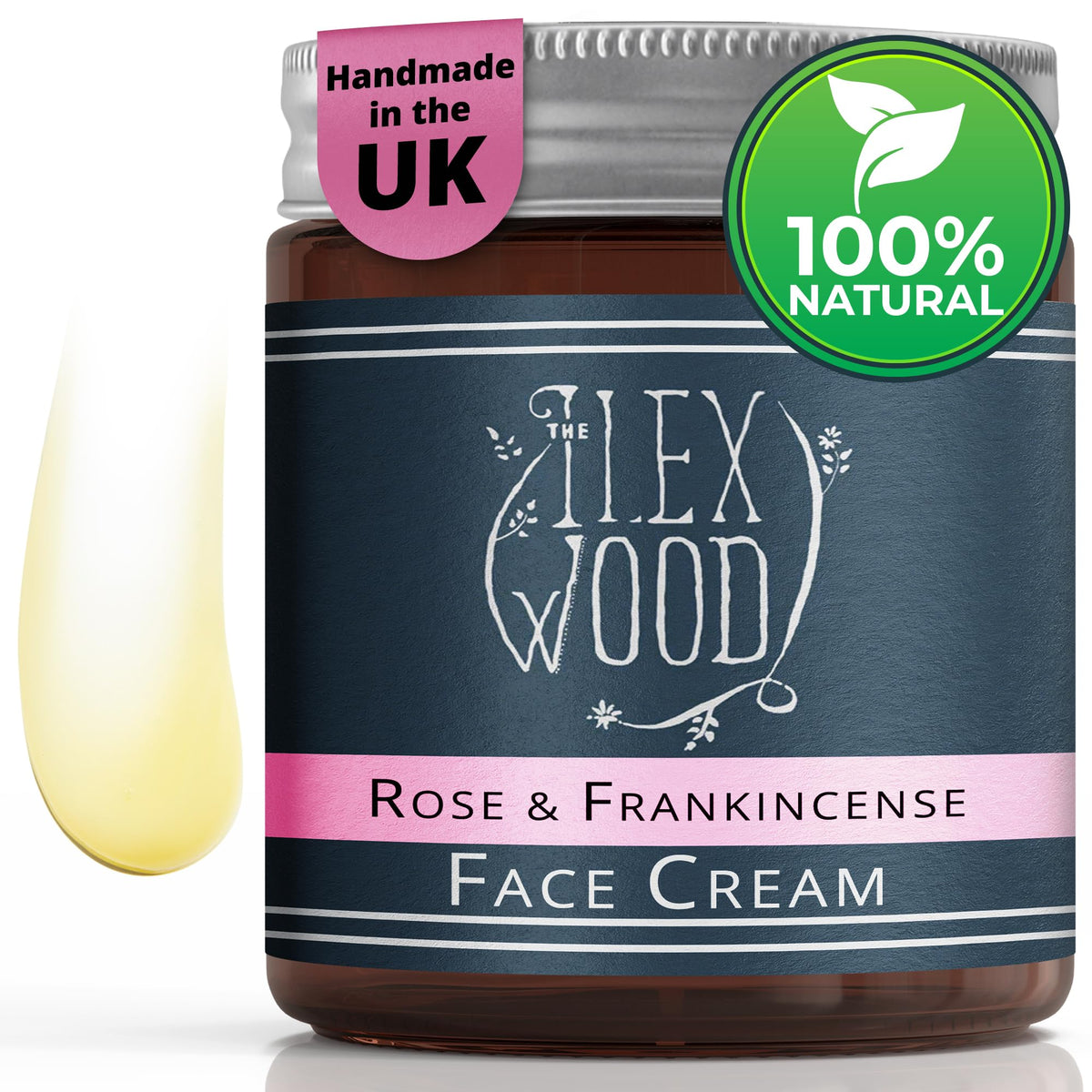 Label of The Ilex Wood Rose and Frankincense cream highlighting natural ingredients.