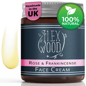 Label of The Ilex Wood Rose and Frankincense cream highlighting natural ingredients.