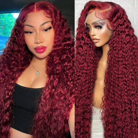 ILHILH 99J Burgundy deep wave lace front wig 26in for natural volume.
