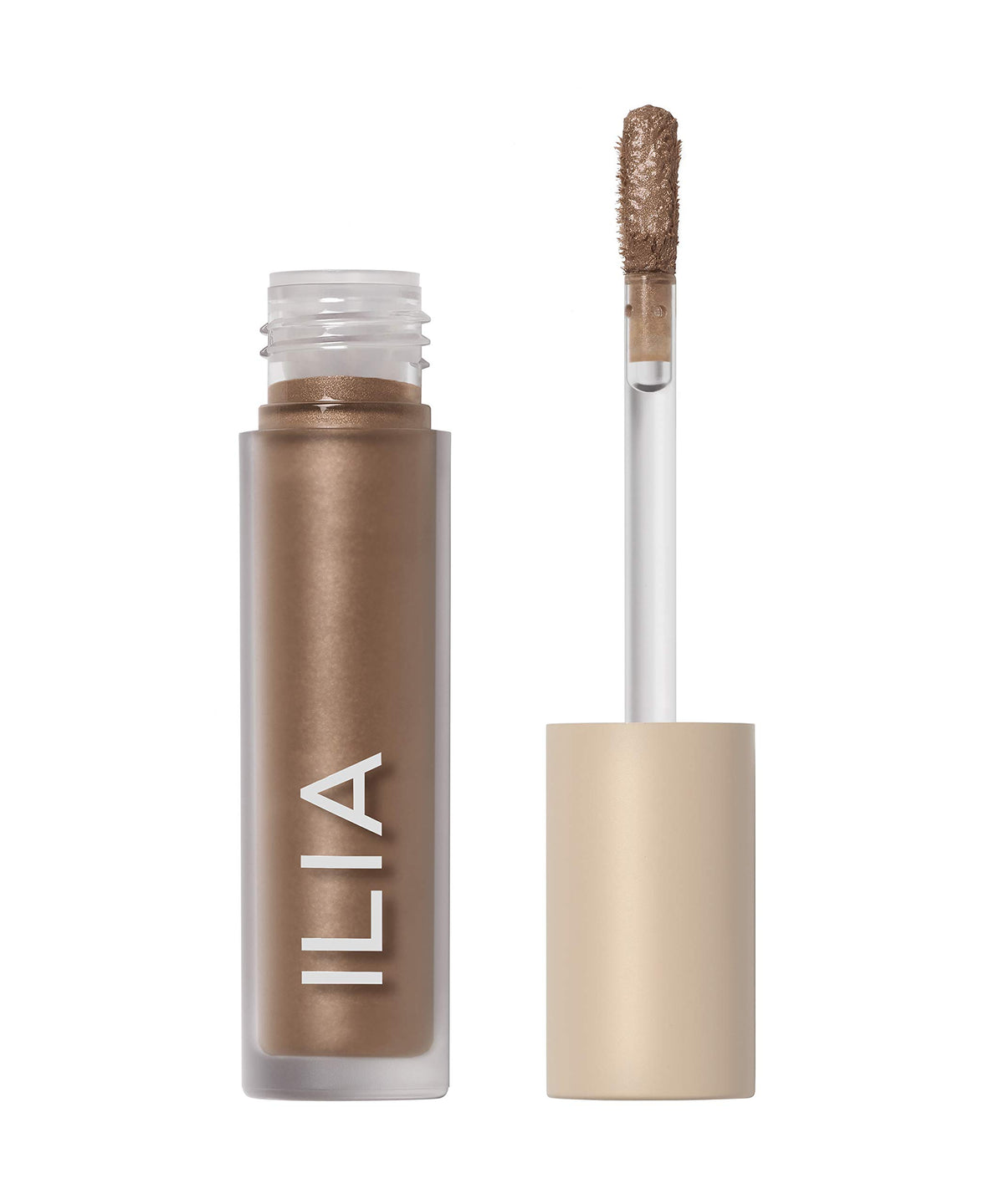 ILIA Chromatic Liquid Powder Eye Tint Fresco swatch shows metallic silver taupe