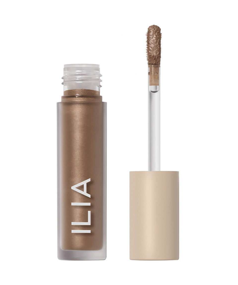 ILIA Chromatic Liquid Powder Eye Tint Fresco swatch shows metallic silver taupe