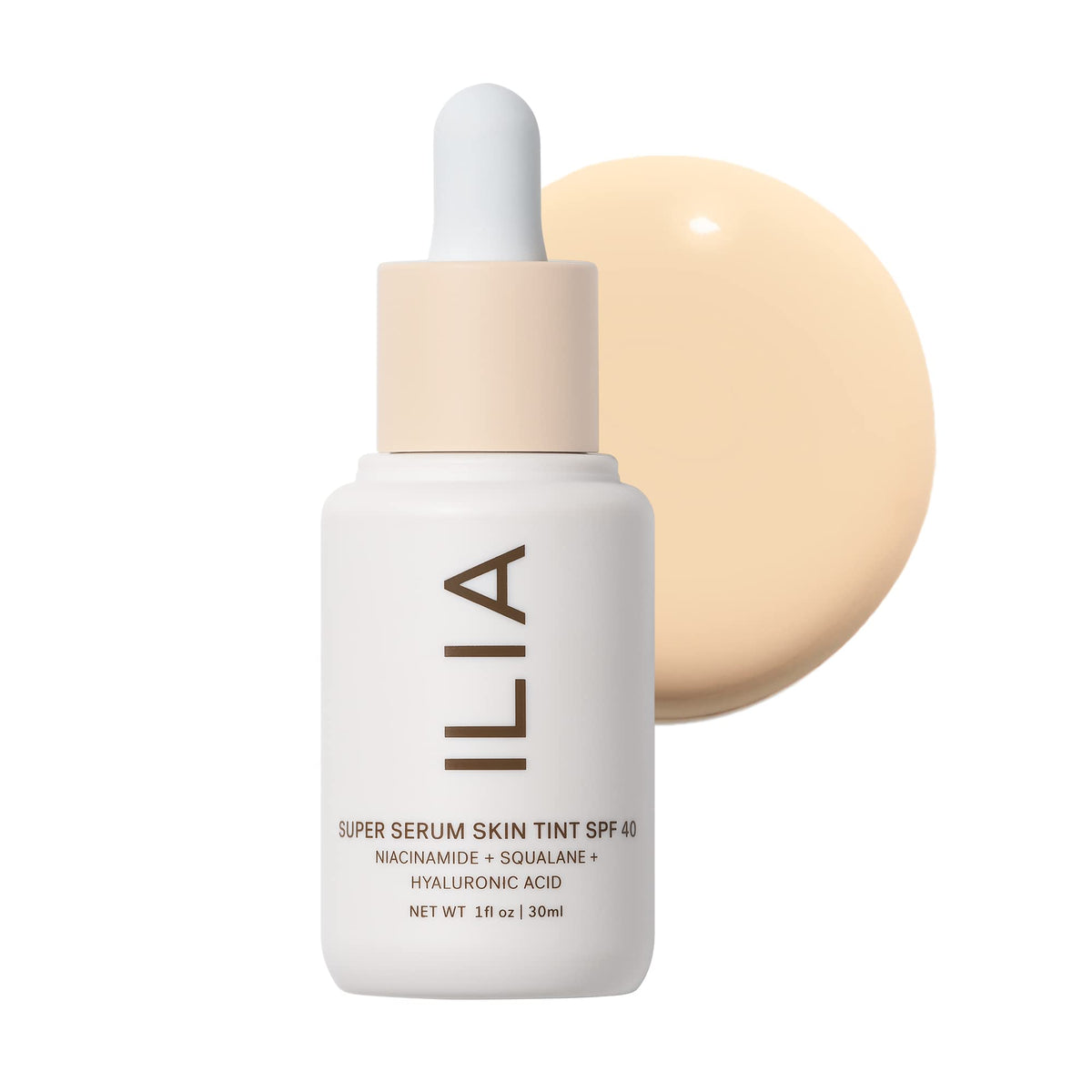 ILIA Super Serum Skin Tint bottle closeup showing premium coverage and SPF protection