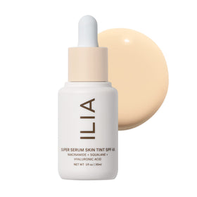 ILIA Super Serum Skin Tint bottle closeup showing premium coverage and SPF protection