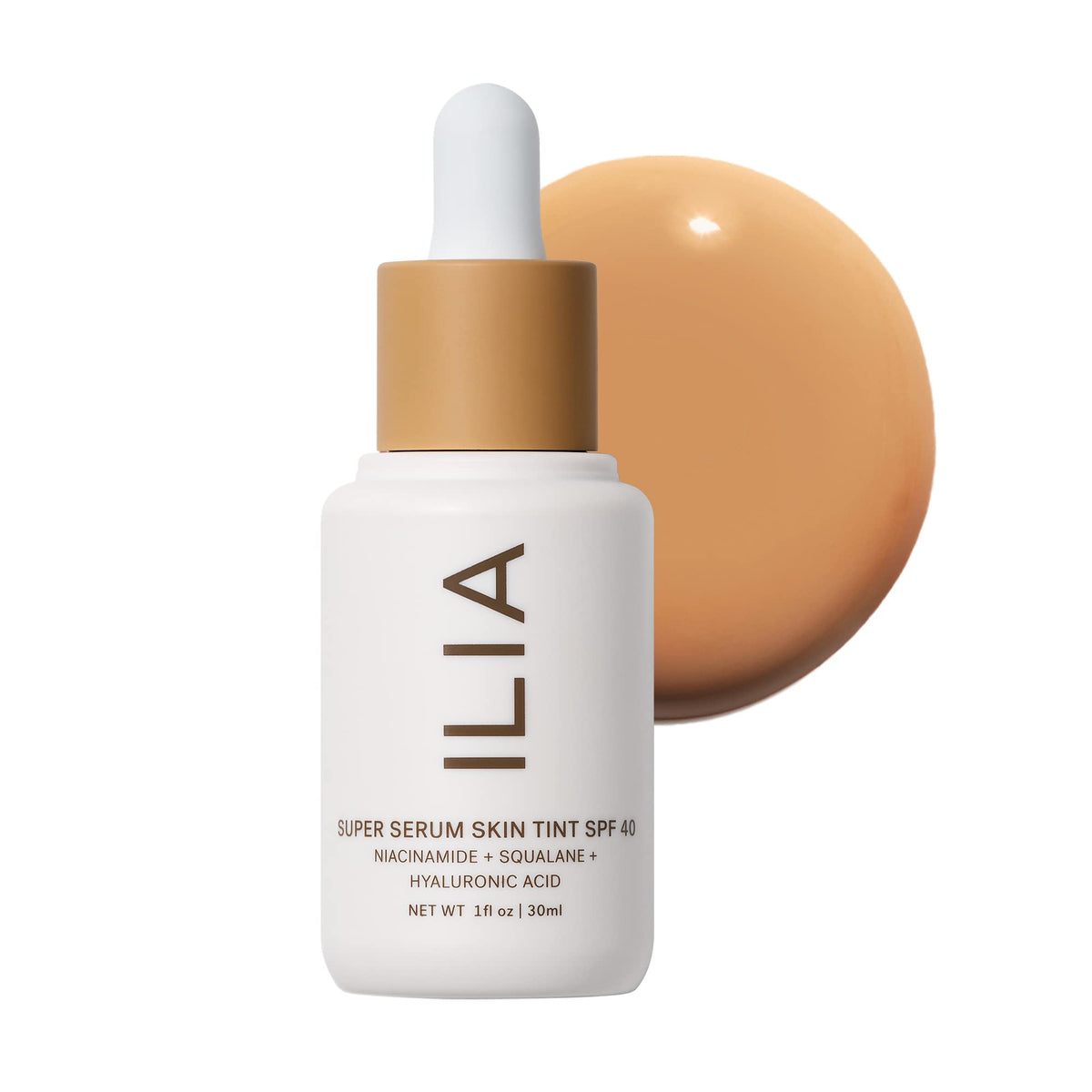 ILIA Super Serum Skin Tint SPF 40 bottle close-up with luminous finish