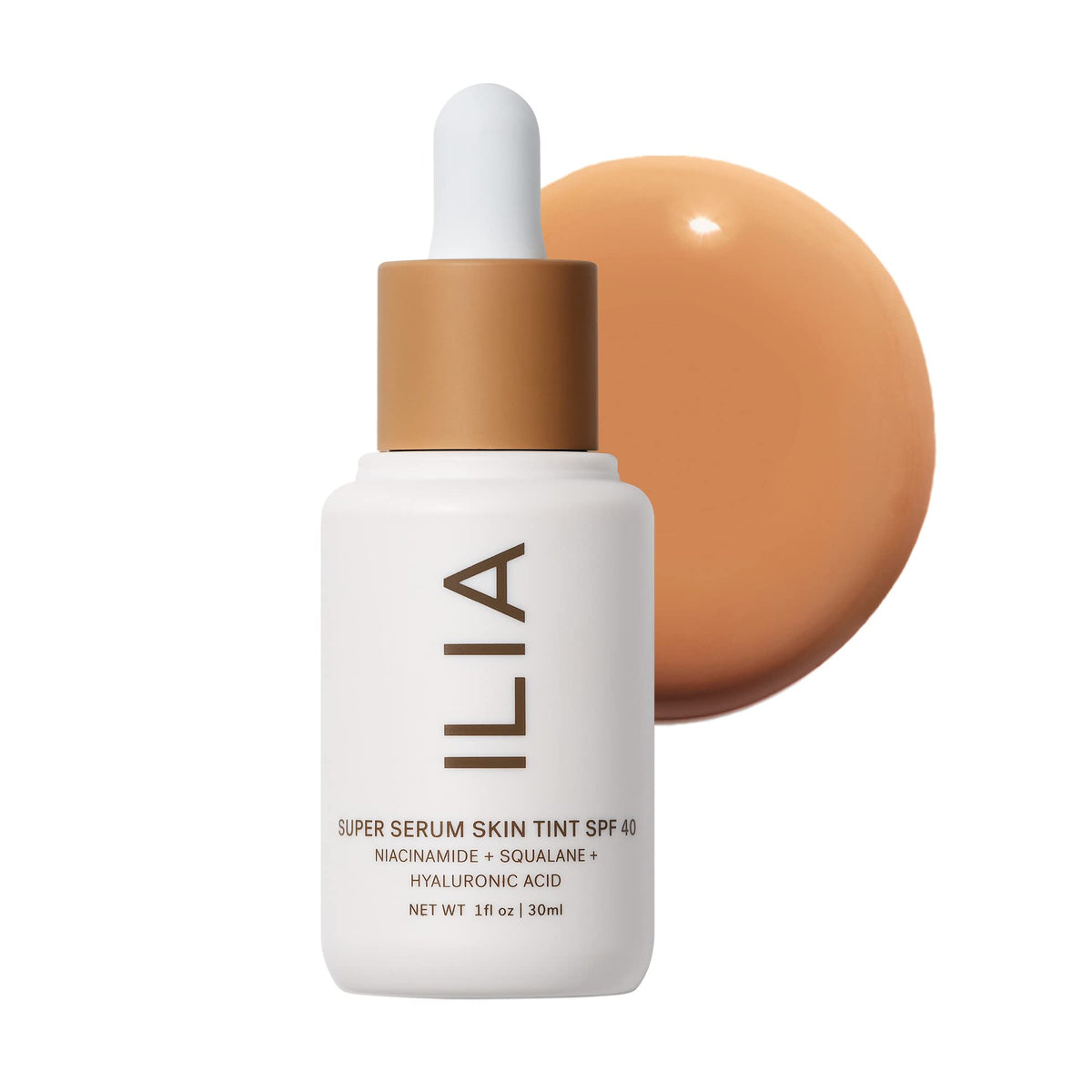 ILIA Super Serum Skin Tint SPF 40 bottle with dewy finish and lightweight feel