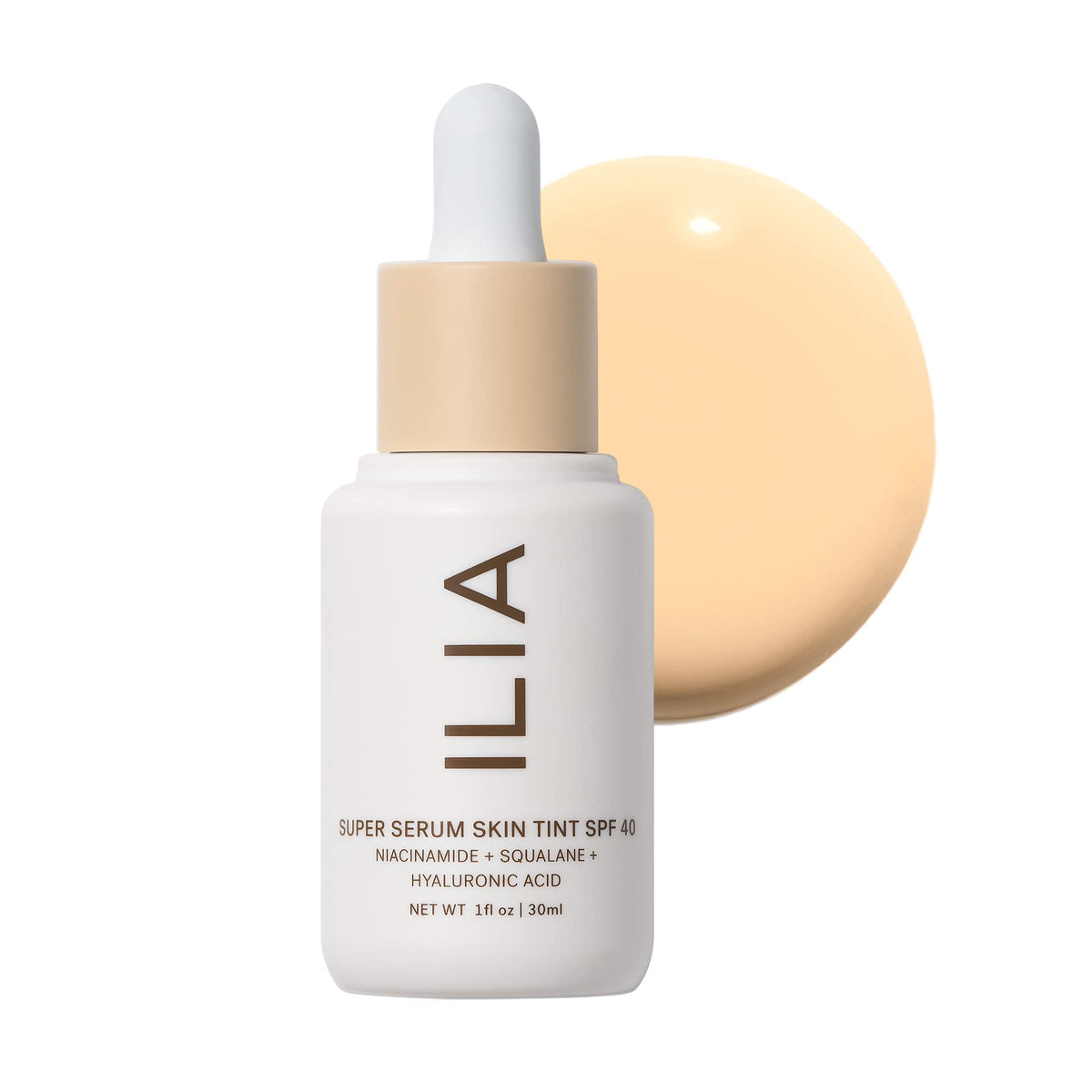 ILIA Super Serum Skin Tint SPF 40 bottle shows lightweight hydration and sun protection.