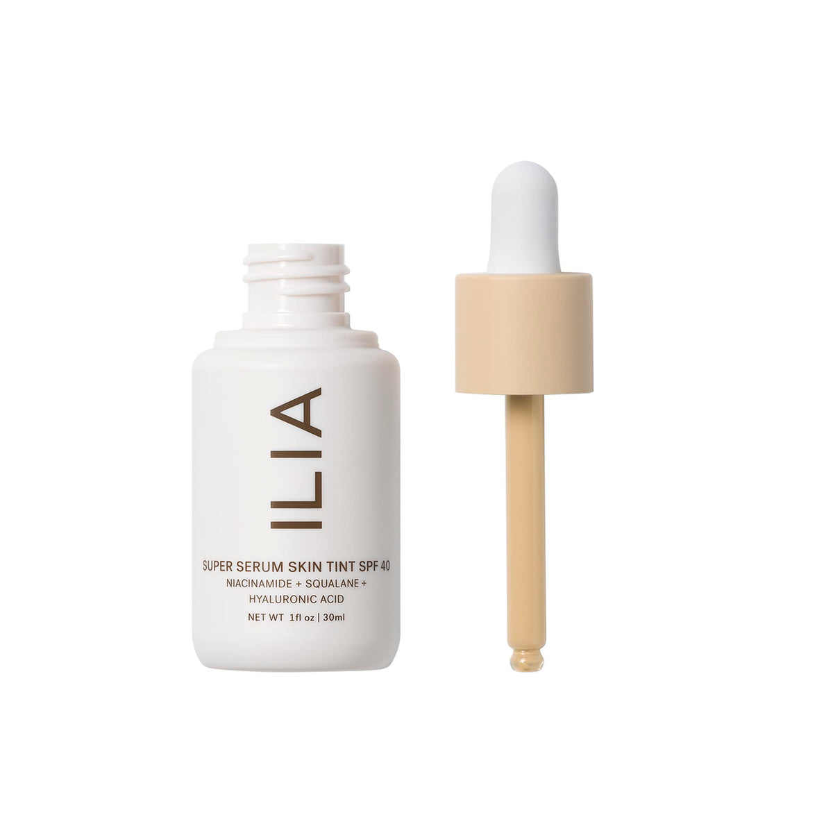 ILIA Super Serum Skin Tint SPF 40 swatch highlights dewy coverage.