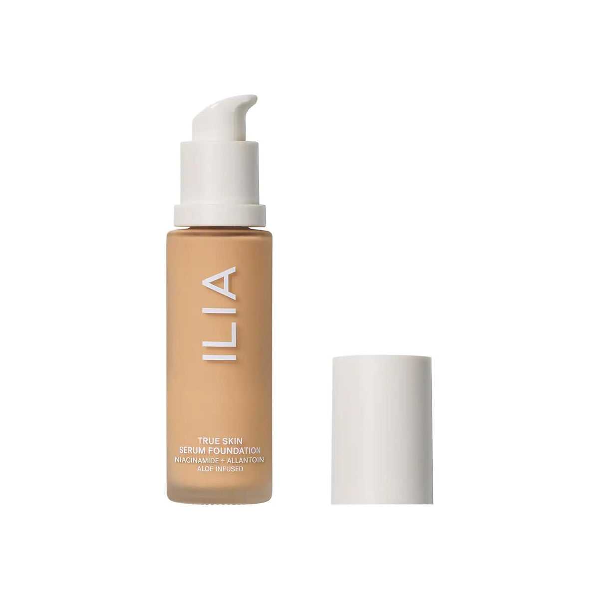 ILIA True Skin Serum Foundation bottle close-up shows weightless finish