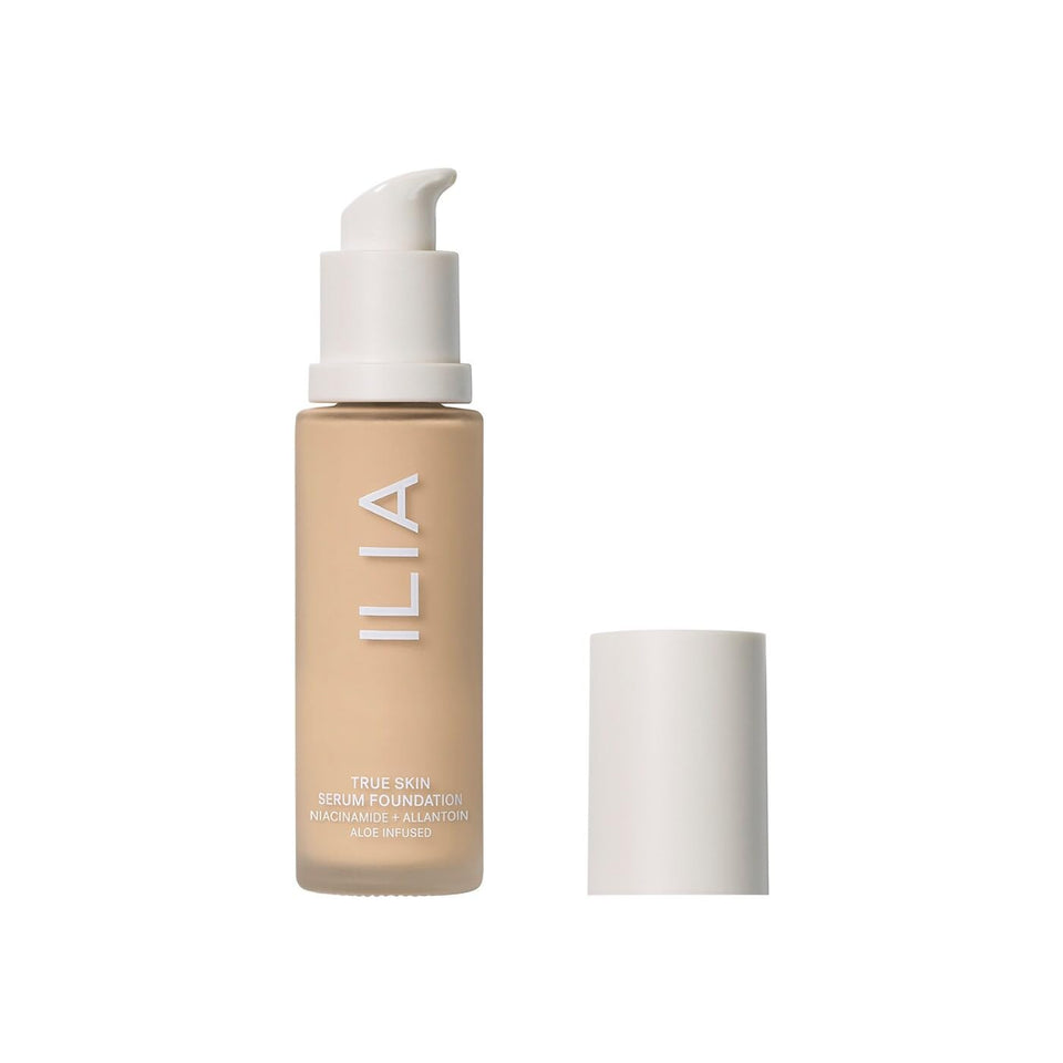 ILIA True Skin Serum Foundation bottle showing weightless coverage for daily wear