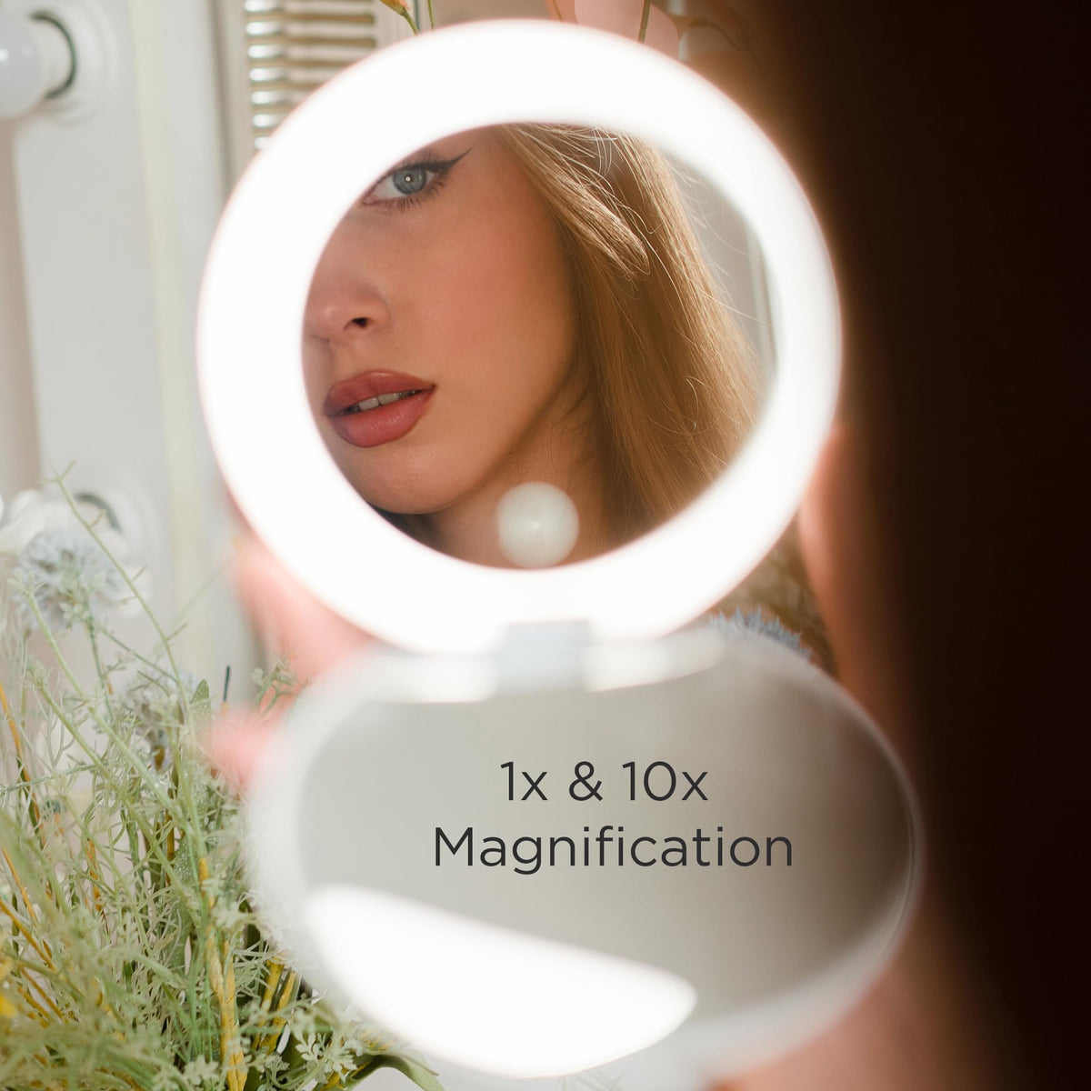 Ilios Lighting mirror charges via USB-C, avoiding disposable batteries for convenience.