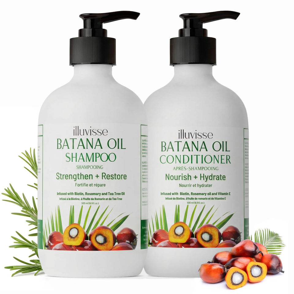 ILLUVISSE Batana Oil Shampoo bottle highlights refreshing cleanse for thicker-looking hair