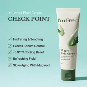 I'm From Mugwort Fluid Cream on the face evokes refreshed, balanced skin.