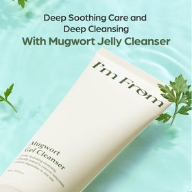 I'm from Mugwort Gel Cleanser splash rinse over skin illustrates makeup and sunscreen removal.