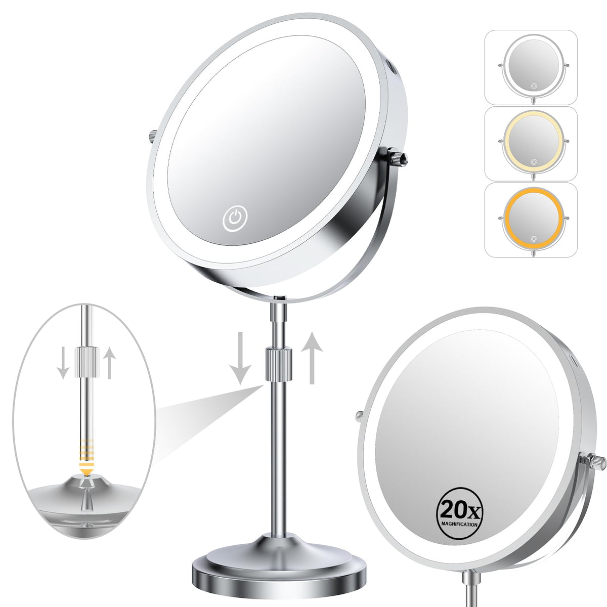 Erlingeryi 9-Inch Lighted Makeup Mirror with 20x Magnification, 3 Lighting Colors, and Rechargeable Battery