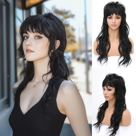 SeclitWu 22-Inch Retro Black Mullet Wig – Wolf Cut with Bangs, Heat-Resistant Synthetic