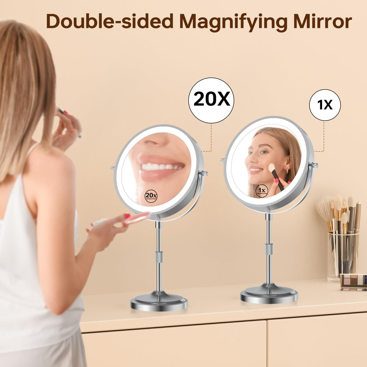 Erlingeryi 9-Inch Lighted Makeup Mirror with 20x Magnification, 3 Lighting Colors, and Rechargeable Battery