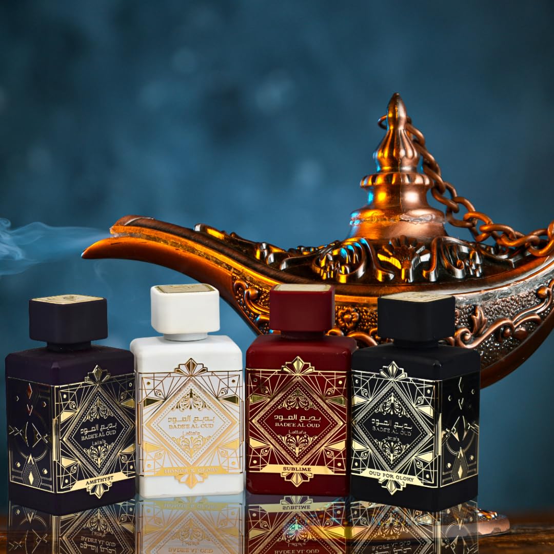 Lattafa Bade'e Al Oud Sublime bottle, woody aromatic with fruity notes