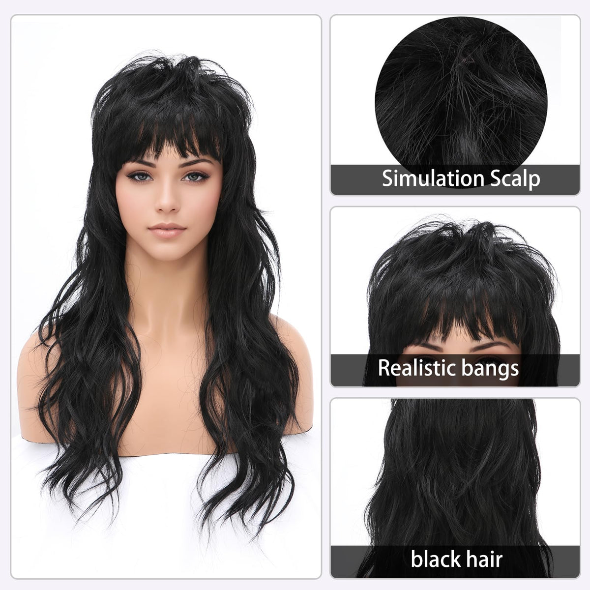 SeclitWu 22-Inch Retro Black Mullet Wig – Wolf Cut with Bangs, Heat-Resistant Synthetic